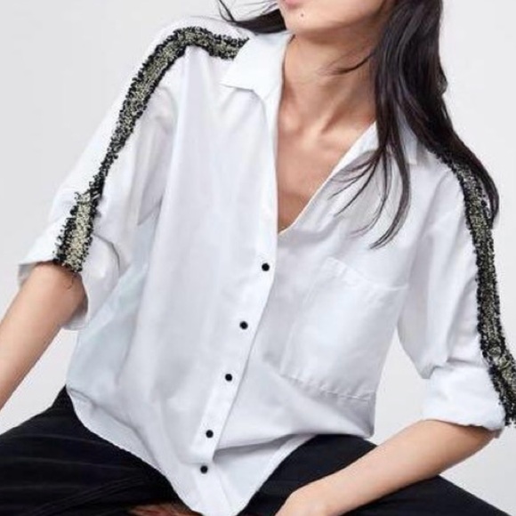 Zara button up blouse with tweed detail, White,Size S - Picture 1 of 8